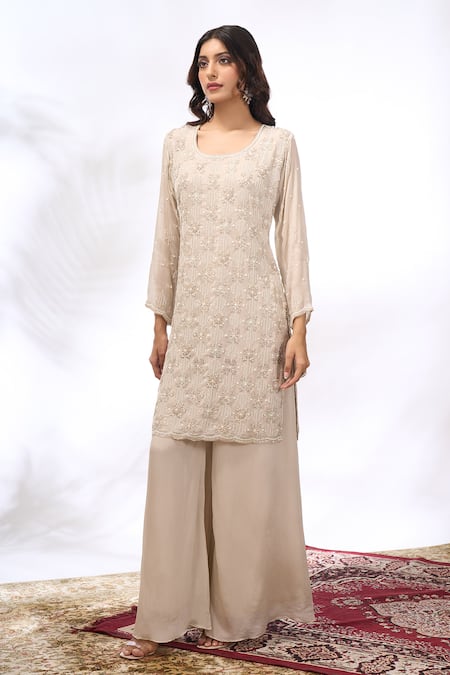 Samyukta Singhania_Ivory Georgette Embroidery Round Neck Straight Kurta And Sharara Set _Online_at_Aza_Fashions