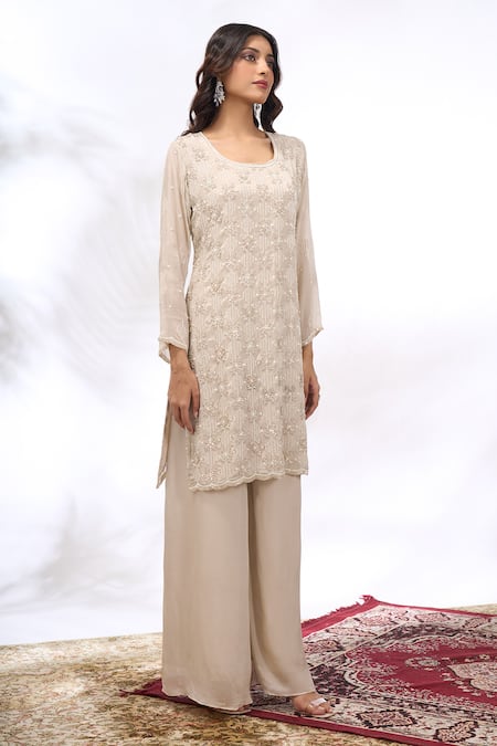 Buy_Samyukta Singhania_Ivory Georgette Embroidery Round Neck Straight Kurta And Sharara Set _Online_at_Aza_Fashions