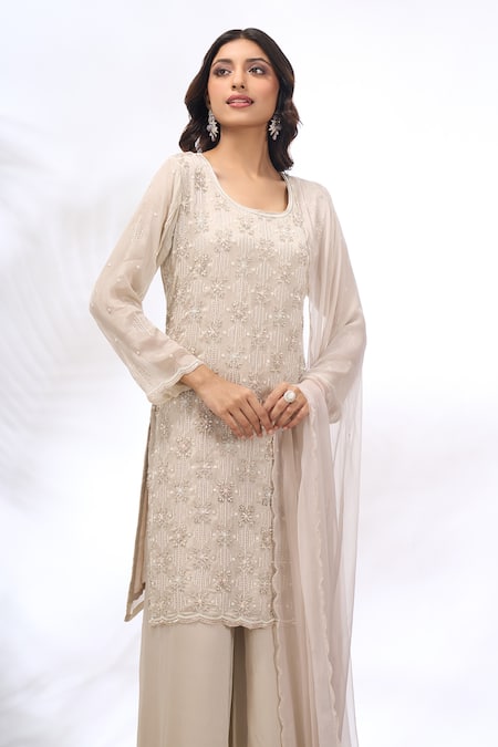 Shop_Samyukta Singhania_Ivory Georgette Embroidery Round Neck Straight Kurta And Sharara Set _Online_at_Aza_Fashions