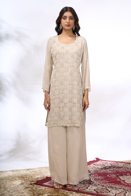 Shop_Samyukta Singhania_Ivory Georgette Embroidery Round Neck Straight Kurta And Sharara Set 