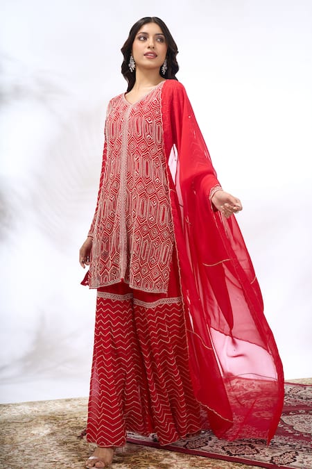 Buy_Samyukta Singhania_Red Georgette Embroidery V-neck Kurta And Sharara Set _Online_at_Aza_Fashions