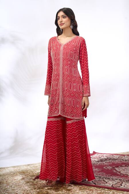Shop_Samyukta Singhania_Red Georgette Embroidery V-neck Kurta And Sharara Set 