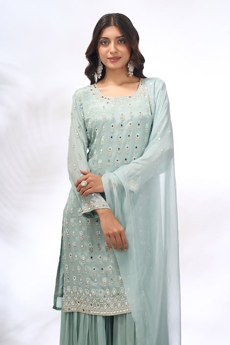 Samyukta Singhania_Aqua Georgette Embroidery, Mirrors Round Neck Floral Kurta Sharara Set _Online_at_Aza_Fashions