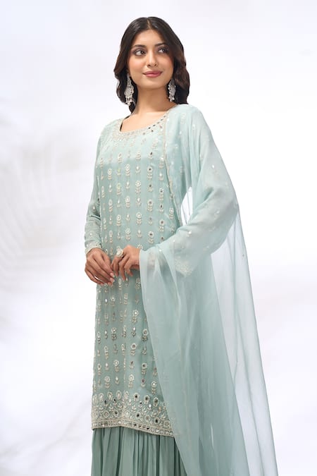 Buy_Samyukta Singhania_Aqua Georgette Embroidery, Mirrors Round Neck Floral Kurta Sharara Set _Online_at_Aza_Fashions
