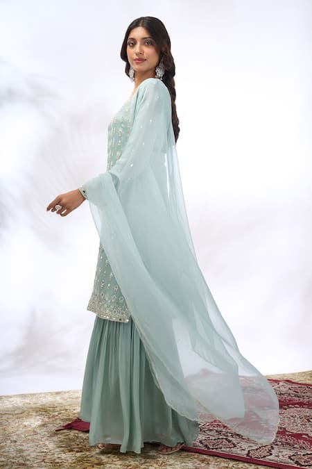 Shop_Samyukta Singhania_Aqua Georgette Embroidery, Mirrors Round Neck Floral Kurta Sharara Set _Online_at_Aza_Fashions