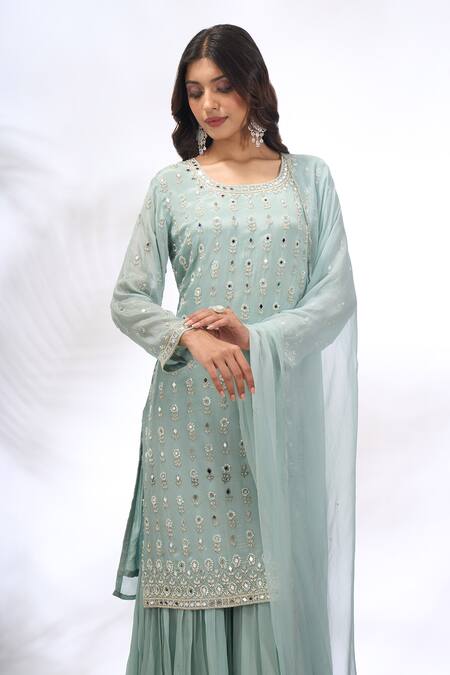 Samyukta Singhania_Aqua Georgette Embroidery, Mirrors Round Neck Floral Kurta Sharara Set _at_Aza_Fashions