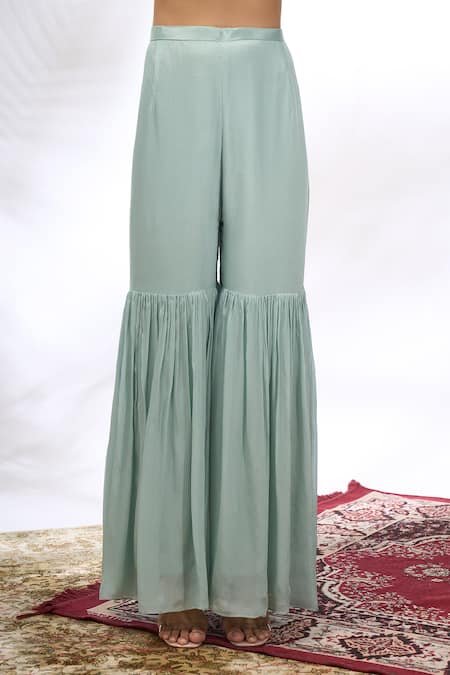 Buy_Samyukta Singhania_Aqua Georgette Embroidery, Mirrors Round Neck Floral Kurta Sharara Set 