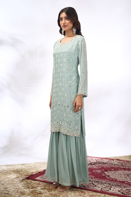 Shop_Samyukta Singhania_Aqua Georgette Embroidery, Mirrors Round Neck Floral Kurta Sharara Set 