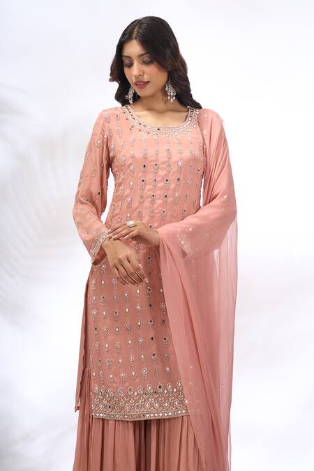 Shop_Samyukta Singhania_Peach Georgette Mirrors, Embroidery Round Neck Work Kurta Set 