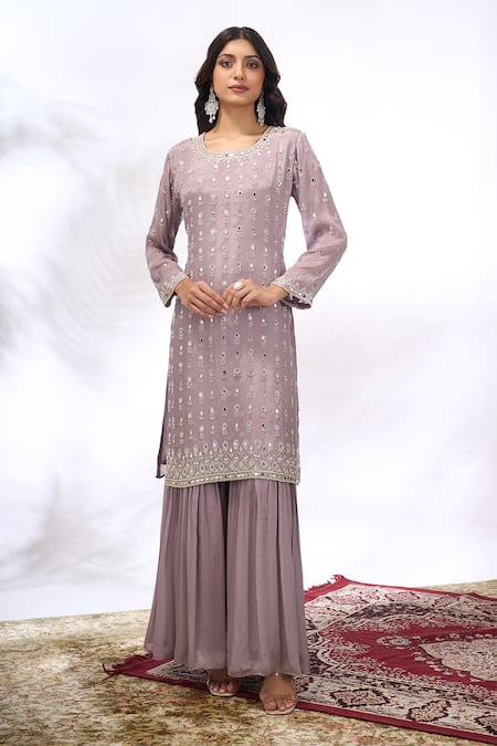 Samyukta Singhania_Gray Georgette Mirrors, Embroidery Round Neck Work Kurta Set _Online_at_Aza_Fashions