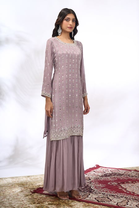 Buy_Samyukta Singhania_Gray Georgette Mirrors, Embroidery Round Neck Work Kurta Set _Online_at_Aza_Fashions