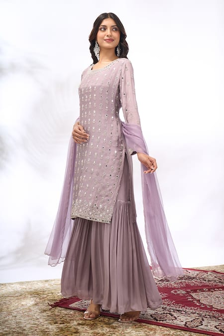 Shop_Samyukta Singhania_Gray Georgette Mirrors, Embroidery Round Neck Work Kurta Set _Online_at_Aza_Fashions