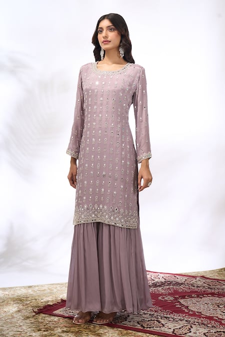 Samyukta Singhania_Gray Georgette Mirrors, Embroidery Round Neck Work Kurta Set _at_Aza_Fashions