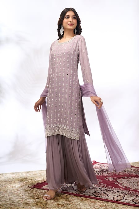 Buy_Samyukta Singhania_Gray Georgette Mirrors, Embroidery Round Neck Work Kurta Set 