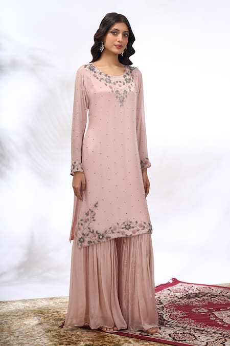 Samyukta Singhania Peach Georgette Embroidery, Stones Round Neck Floral Kurta Sharara Set Online at Aza Fashions Samyukta Singhania_Peach Georgette Embroidery, Stones Round Neck Floral Kurta Sharara Set _Online_at_Aza_Fashions