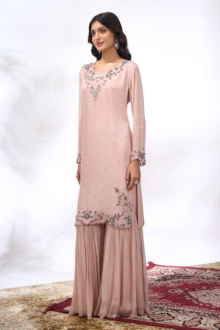 Buy Samyukta Singhania Peach Georgette Embroidery, Stones Round Neck Floral Kurta Sharara Set Online at Aza Fashions Buy_Samyukta Singhania_Peach Georgette Embroidery, Stones Round Neck Floral Kurta Sharara Set _Online_at_Aza_Fashions