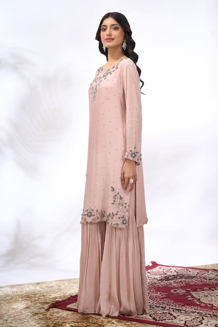Shop Samyukta Singhania Peach Georgette Embroidery, Stones Round Neck Floral Kurta Sharara Set Online at Aza Fashions Shop_Samyukta Singhania_Peach Georgette Embroidery, Stones Round Neck Floral Kurta Sharara Set _Online_at_Aza_Fashions