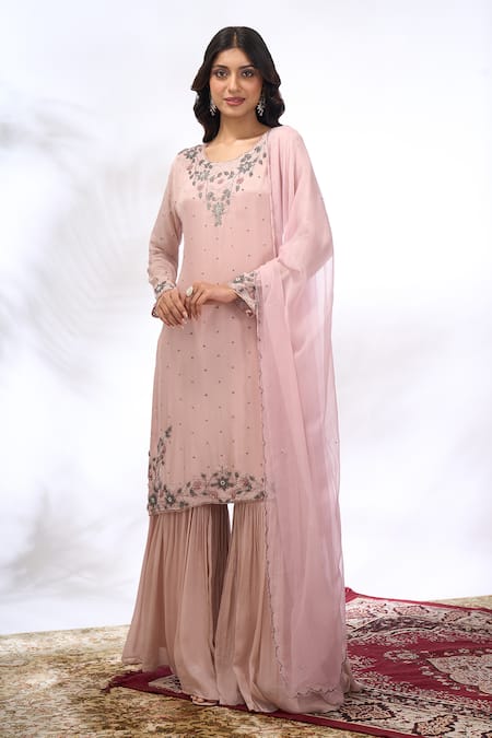 Samyukta Singhania Peach Georgette Embroidery, Stones Round Neck Floral Kurta Sharara Set at Aza Fashions Samyukta Singhania_Peach Georgette Embroidery, Stones Round Neck Floral Kurta Sharara Set _at_Aza_Fashions