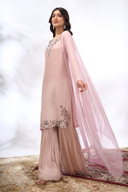 Buy Samyukta Singhania Peach Georgette Embroidery, Stones Round Neck Floral Kurta Sharara Set Buy_Samyukta Singhania_Peach Georgette Embroidery, Stones Round Neck Floral Kurta Sharara Set