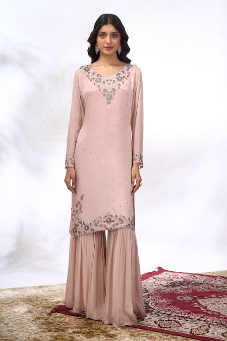 Shop Samyukta Singhania Peach Georgette Embroidery, Stones Round Neck Floral Kurta Sharara Set Shop_Samyukta Singhania_Peach Georgette Embroidery, Stones Round Neck Floral Kurta Sharara Set