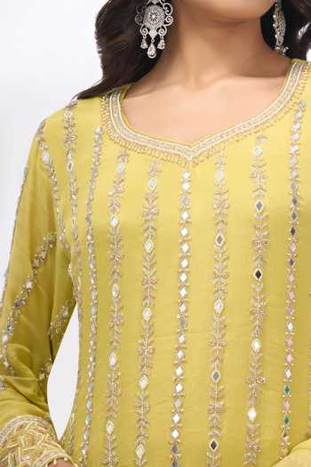 Buy Samyukta Singhania Lime Georgette Embroidery, Mirrors V-neck Kurta And Sharara Set Online at Aza Fashions Buy_Samyukta Singhania_Lime Georgette Embroidery, Mirrors V-neck Kurta And Sharara Set _Online_at_Aza_Fashions