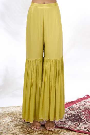 Shop Samyukta Singhania Lime Georgette Embroidery, Mirrors V-neck Kurta And Sharara Set Online at Aza Fashions Shop_Samyukta Singhania_Lime Georgette Embroidery, Mirrors V-neck Kurta And Sharara Set _Online_at_Aza_Fashions