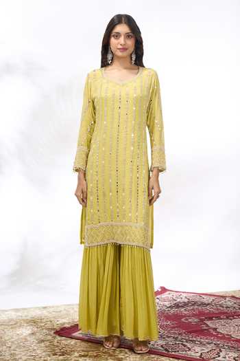 Samyukta Singhania Lime Georgette Embroidery, Mirrors V-neck Kurta And Sharara Set at Aza Fashions Samyukta Singhania_Lime Georgette Embroidery, Mirrors V-neck Kurta And Sharara Set _at_Aza_Fashions