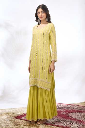 Buy Samyukta Singhania Lime Georgette Embroidery, Mirrors V-neck Kurta And Sharara Set Buy_Samyukta Singhania_Lime Georgette Embroidery, Mirrors V-neck Kurta And Sharara Set