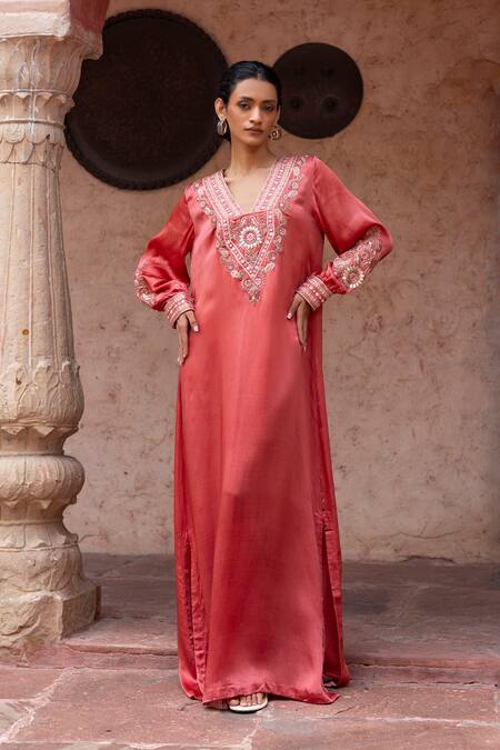 Shop_Shruti Sancheti_Red Silk Satin Embroidery V-neck Paisley Kaftan _Online_at_Aza_Fashions