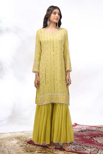 Shop Samyukta Singhania Lime Georgette Embroidery, Mirrors V-neck Kurta And Sharara Set Shop_Samyukta Singhania_Lime Georgette Embroidery, Mirrors V-neck Kurta And Sharara Set