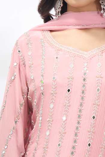 Samyukta Singhania Pink Georgette Embroidery, Mirrors V-neck Kurta And Sharara Set Online at Aza Fashions Samyukta Singhania_Pink Georgette Embroidery, Mirrors V-neck Kurta And Sharara Set _Online_at_Aza_Fashions