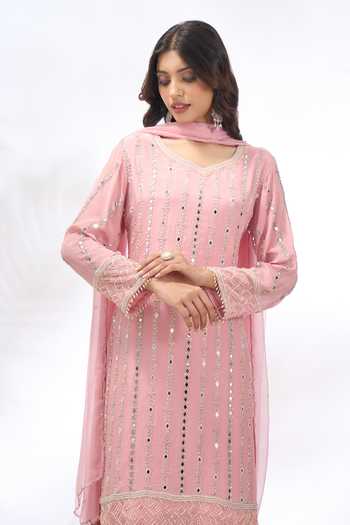 Buy Samyukta Singhania Pink Georgette Embroidery, Mirrors V-neck Kurta And Sharara Set Online at Aza Fashions Buy_Samyukta Singhania_Pink Georgette Embroidery, Mirrors V-neck Kurta And Sharara Set _Online_at_Aza_Fashions