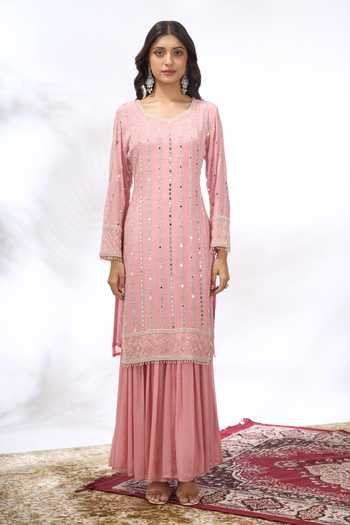 Buy Samyukta Singhania Pink Georgette Embroidery, Mirrors V-neck Kurta And Sharara Set Buy_Samyukta Singhania_Pink Georgette Embroidery, Mirrors V-neck Kurta And Sharara Set