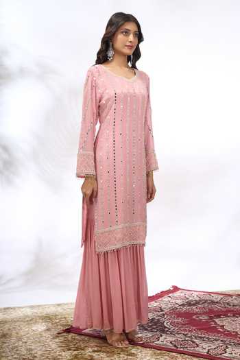 Shop Samyukta Singhania Pink Georgette Embroidery, Mirrors V-neck Kurta And Sharara Set Shop_Samyukta Singhania_Pink Georgette Embroidery, Mirrors V-neck Kurta And Sharara Set