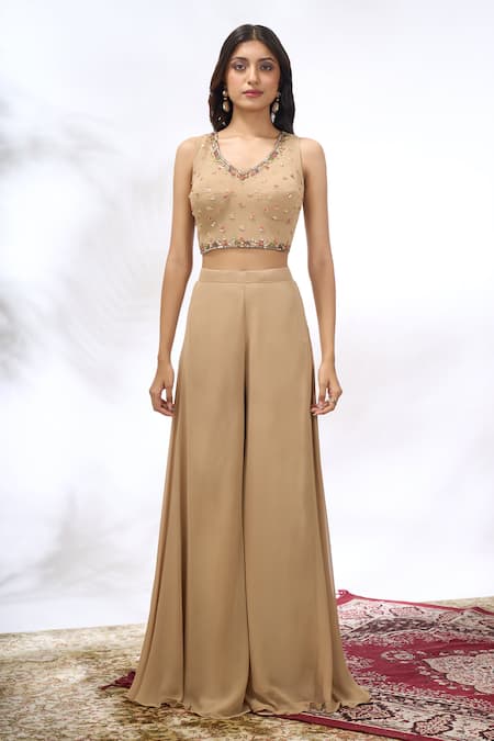 Samyukta Singhania_Beige Georgette Embroidery Round Neck, Cape And Sharara Set _Online_at_Aza_Fashions