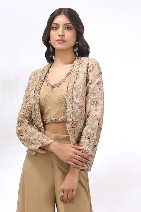 Buy_Samyukta Singhania_Beige Georgette Embroidery Round Neck, Cape And Sharara Set _Online_at_Aza_Fashions