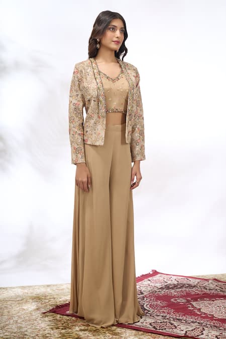 Shop_Samyukta Singhania_Beige Georgette Embroidery Round Neck, Cape And Sharara Set _Online_at_Aza_Fashions