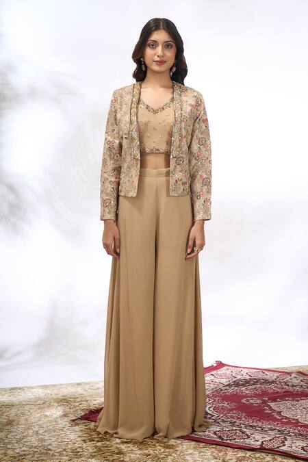 Samyukta Singhania_Beige Georgette Embroidery Round Neck, Cape And Sharara Set _at_Aza_Fashions
