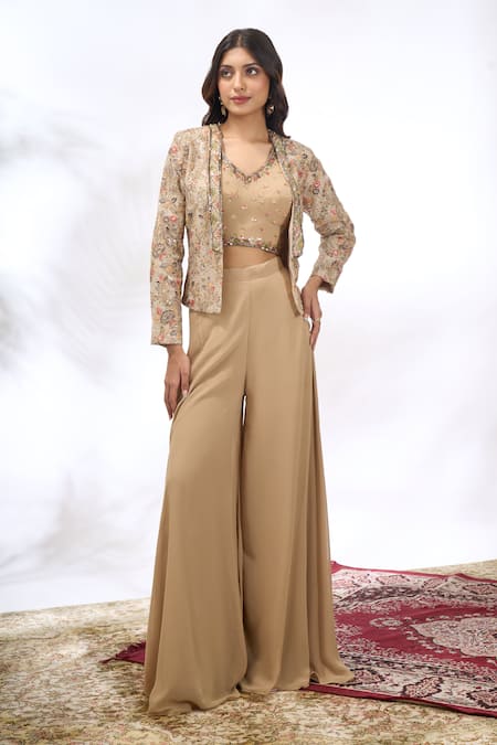 Samyukta Singhania Beige Georgette Embroidery Round Neck, Cape And Sharara Set 