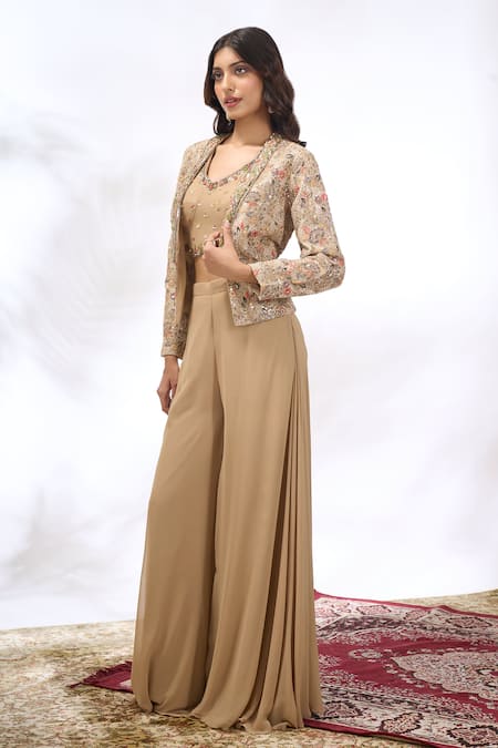 Buy_Samyukta Singhania_Beige Georgette Embroidery Round Neck, Cape And Sharara Set 