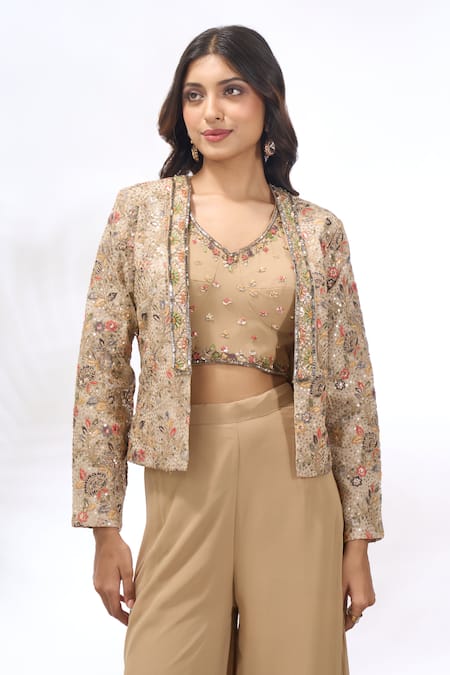 Shop_Samyukta Singhania_Beige Georgette Embroidery Round Neck, Cape And Sharara Set 