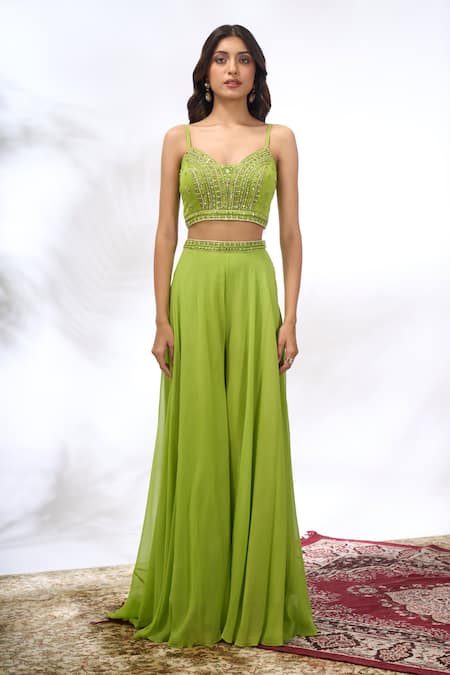 Buy_Samyukta Singhania_Green Georgette Embroidery, Beads, Sequins Open Neck, Floral Jacket Sharara Set _Online_at_Aza_Fashions