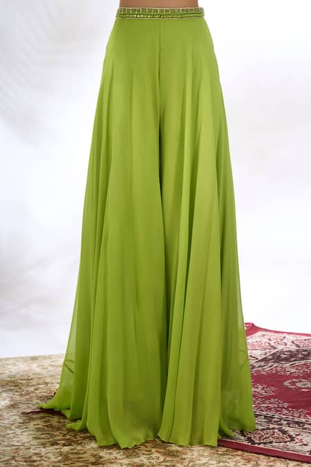 Shop_Samyukta Singhania_Green Georgette Embroidery, Beads, Sequins Open Neck, Floral Jacket Sharara Set _Online_at_Aza_Fashions