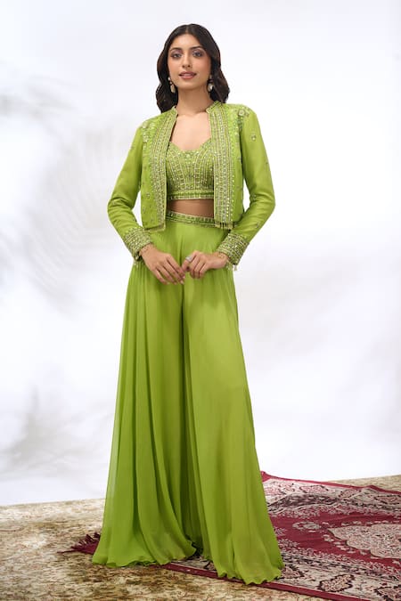 Samyukta Singhania_Green Georgette Embroidery, Beads, Sequins Open Neck, Floral Jacket Sharara Set _at_Aza_Fashions