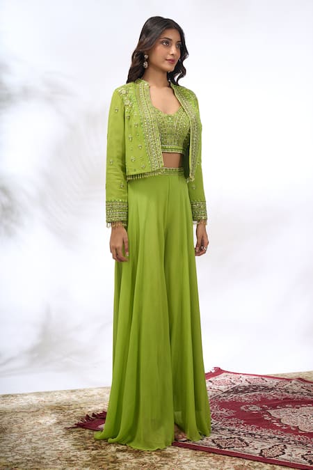 Shop_Samyukta Singhania_Green Georgette Embroidery, Beads, Sequins Open Neck, Floral Jacket Sharara Set 
