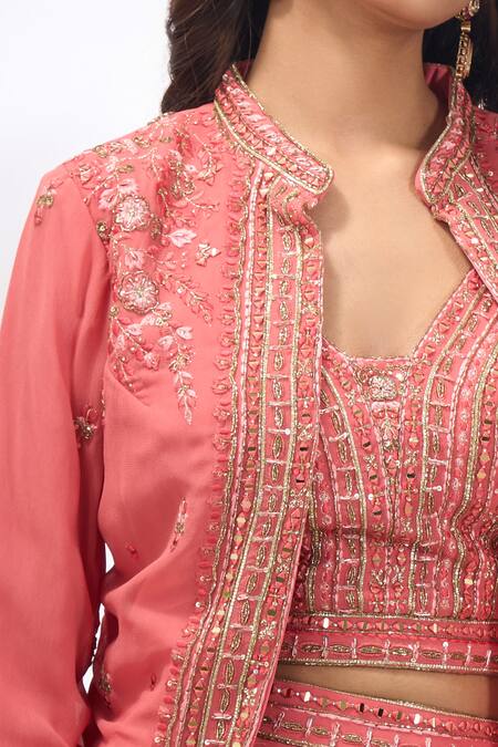 Samyukta Singhania_Peach Georgette Embroidery Mandarin Collar, V-neck Floral Jacket Sharara Set _Online_at_Aza_Fashions