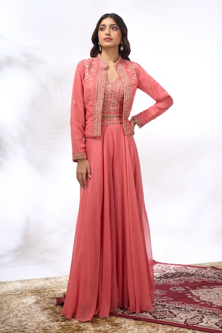 Buy_Samyukta Singhania_Peach Georgette Embroidery Mandarin Collar, V-neck Floral Jacket Sharara Set _Online_at_Aza_Fashions