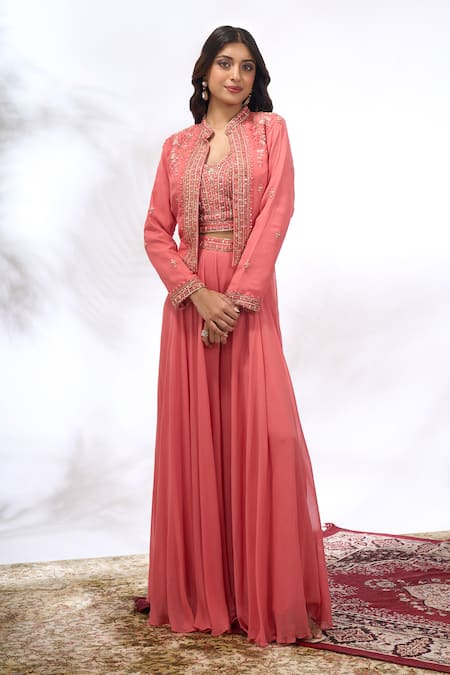 Shop_Samyukta Singhania_Peach Georgette Embroidery Mandarin Collar, V-neck Floral Jacket Sharara Set _Online_at_Aza_Fashions