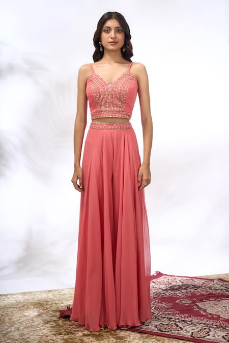 Samyukta Singhania_Peach Georgette Embroidery Mandarin Collar, V-neck Floral Jacket Sharara Set _at_Aza_Fashions