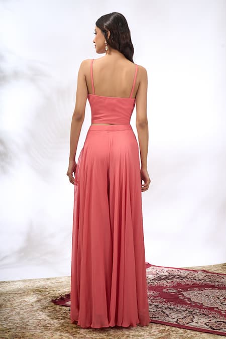 Shop_Samyukta Singhania_Peach Georgette Embroidery Mandarin Collar, V-neck Floral Jacket Sharara Set 